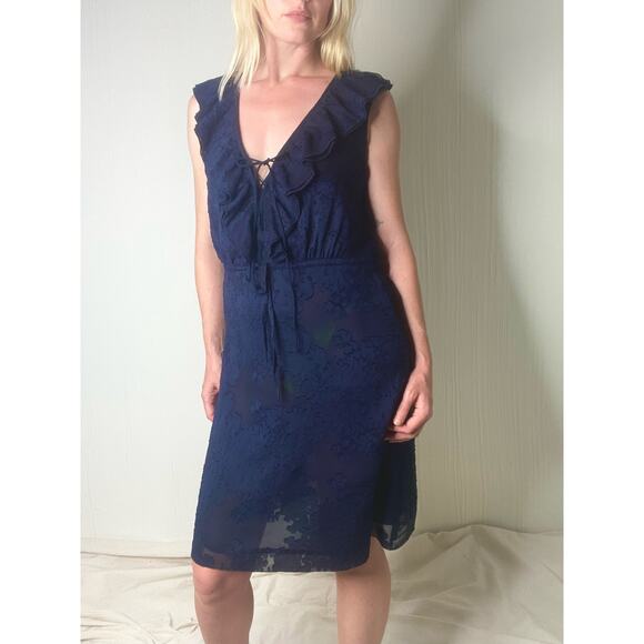 TORY BURCH Navy Sheer Floral Silk Ruffle Sleeveless Dress US 2 - Picture 2 of 14